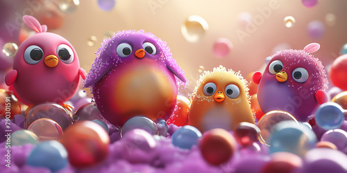 Süße Figuren und Bubbles in pink und lila als Hintergrundmotiv und Druckvorlage für Tapeten im Kinderzimmer, ai generativ