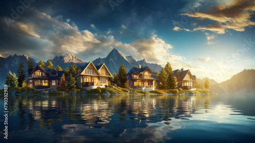 Lakeside houses bathed with majestic mountains in the backdrop and their reflection in calm waters. Secluded vacation spots and wilderness lodges. Eco-tourism destinations. Exclusive real estate