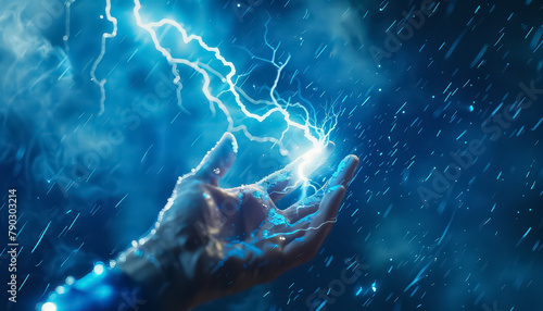 A hand is shown in a blue sky with a lightning bolt in the middle of it