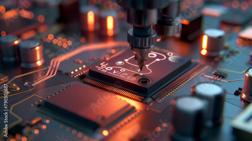 A close-up view of AI-controlled chip testing equipment, analyzing functionality and performance metrics of microchips featuring intricate AI markings and identifiers.