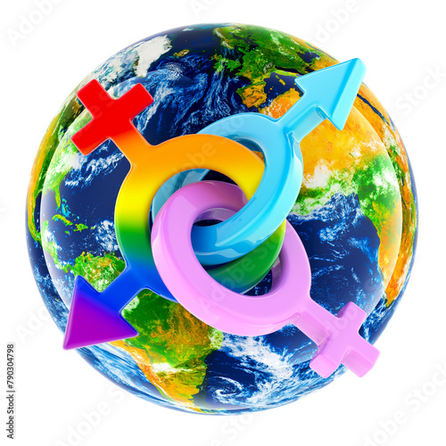 Earth Globe with gender symbols, 3D rendering isolated on transparent background
