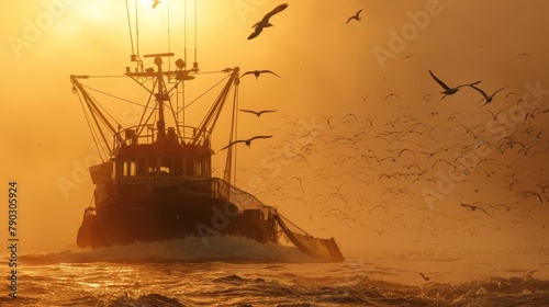 A fishing trawler returning to port at dawn, its nets heavy with the day's catch as seagulls swoop and dive in search of scraps.