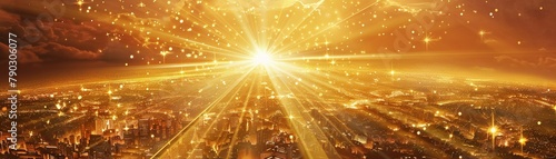 A radiant sun made of gold, with rays beaming down on a landscape of prospering businesses and homes, nurturing growth