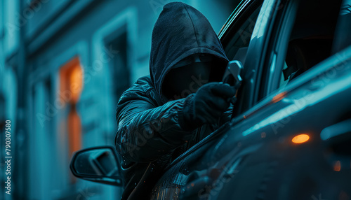 A hooded man is trying to break into a car
