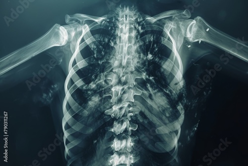 This x-ray image shows a detailed view of a persons back, revealing the structure and alignment of the spine and vertebrae, Capturing the human ribs in a detailed 3D X-ray film, AI Generated
