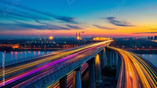 Bridge traffic: Vehicles streak across a busy bridge, their lights creating a vibrant streak of movement against the backdrop of dusk.
