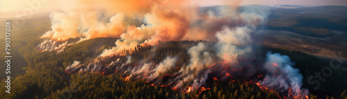 Aerial view of a large forest fire, smoke and flames visible from above, demonstrating the vast impact on the woodland area