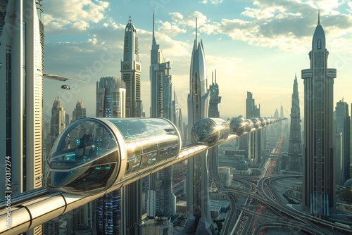 A dynamic view of a futuristic city as a train effortlessly navigates through its bustling streets, City skyline with futuristic skyscrapers and hi-tech monorails, AI Generated