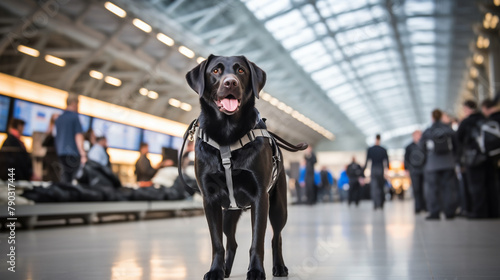 A black Labrador retriever sits patiently at the airport, waiting for its journey