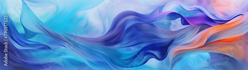 Bright swirling waves on abstract backdrop, panoramic view, intense hues, fluid motion effect