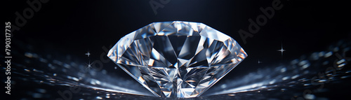 Closeup of a brilliant cut diamond sparkling intensely, isolated on a dark background, highlighting its exquisite facets