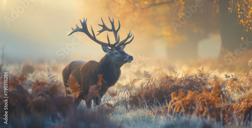 Red deer stag silhouette in the fog mist