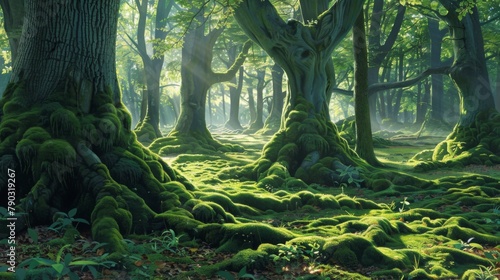 Enchanted woodland: A verdant forest is punctuated by towering tree trunks, their moss-covered roots adding to the mystical ambiance.