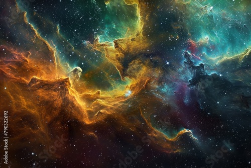 A vibrant space scene showcasing a multitude of stars in various shades, creating a captivating display, Coalescence of colors in a distant nebula, AI Generated