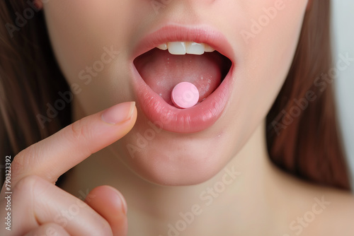 Close up detail woman putting pink addictive drug pill painkiller in mouth, drug addiction substances concept awareness.