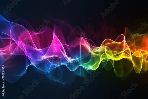 A captivating image of a vibrant wave of smoke on a stark black background, Colorful sound waves originating from a hearing aid, AI Generated