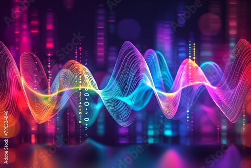 A vibrant wave of light on a dark background creates an electrifying display, Colorful sound waves originating from a hearing aid, AI Generated