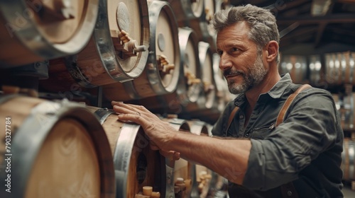 A man in a black shirt and suspenders is looking at wine barrels, AI
