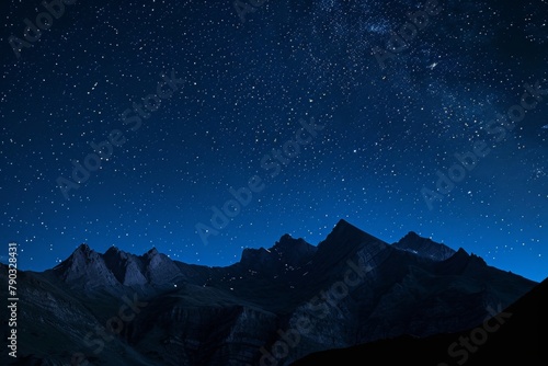 The photo captures the majestic night sky filled with stars shining above a rugged mountain range, Contours of a mountain range under a star-lit night sky, AI Generated