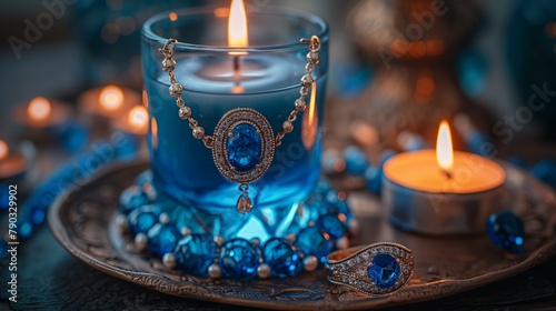 blue candle with sapphire gemstone jewellery. 