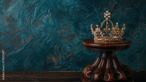 Golden crown with jewels on wooden pedestal against blue textured background