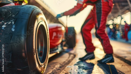 Pit crew member changing tire at race track during sunset