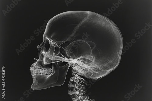 This photograph depicts an x-ray image of a human skull with a skeletons head, revealing the internal structure and bone composition, D X-ray film of a baby's soft skull, AI Generated