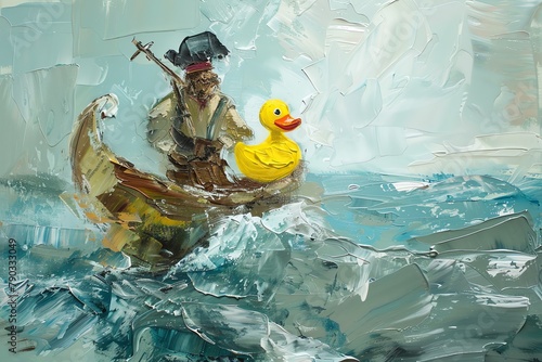 Bring laughter to the high seas! Rear view a pirate with a rubber duck tube, navigating comedic maritime adventures Embrace Impressionism strokes for a whimsical touch