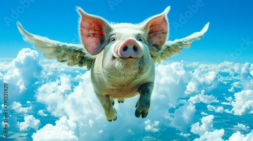 A happy pig with wings is flying in the sky.