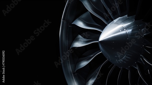 Close-up of jet engine turbine against dark background