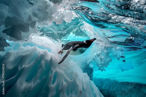 Penguin swimming diving from an iceberg into the water near a glacier