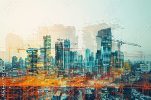 A Vast Cityscape Dominated by Tall Skyscrapers, Design of an advanced city as a backdrop to a construction site in double exposure, AI Generated
