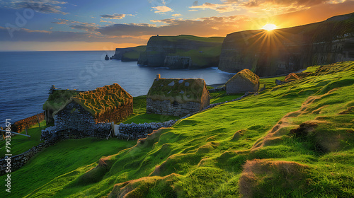 Capture serene Irish coastal village at sunset, showcasing quaint cottages, rugged cliffs, and serene sea under warm hues of twilight sky. Perfect for travel and scenic concepts.