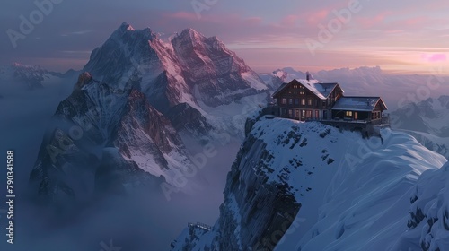 A remote mountain lodge perched on the edge of a rugged alpine peak, its timber-framed facade and snow-covered roofline standing in stark contrast to the rocky terrain.