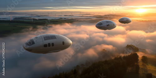 Moderne Drohnen Luftfahrzeuge zur Personenbeförderung fliegen in der Luft, ai generativ