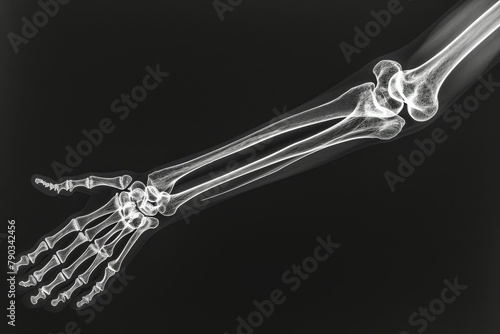 This photo captures an x-ray image of a skeletons arm and hand, revealing the intricate structure of the bones, Detailed view of the ulna and radius bones in X-ray, AI Generated