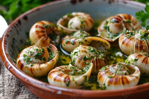A bowl containing a diverse selection of snails, showcasing the different shapes, sizes, and colors of the species, Dish of exotic Escargot with garlic herb butter, AI Generated