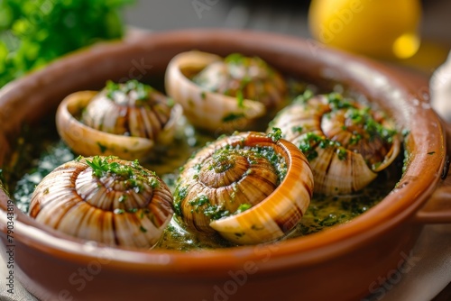 This close-up photo depicts a bowl filled with food and several snails crawling on top, Dish of exotic Escargot with garlic herb butter, AI Generated