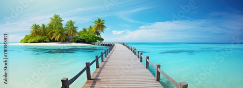 Wooden pier to the tropical island with palm trees at Maldives