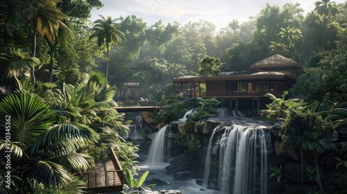 A secluded jungle retreat nestled amidst tropical foliage and cascading waterfalls, featuring luxurious bungalows and open-air pavilions that offer an immersive experience 