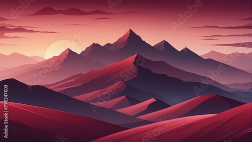 Abstract minimalistic background with mountains and hills at sunset or sunrise in maroon and burgundy tones.