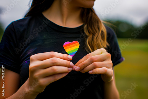 LGBT Rights Supporter with Rainbow Heart on Cloudy Day 