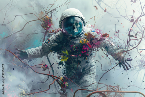 An illustration of the skeleton in the astronaut scafander going through the roses and trying to find the way.