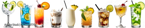 a set of summer cocktails: gin tonic, blue lagoon, tequila sunrise, iced irish coffee, pina colada, mai tai, cocktail with rum, whiskey, mojito