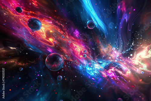 Abstract illustration of the spacious sky universe, with lot of colors, purple, orange, objects. Generated by AI.