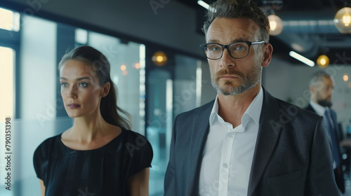 A man in glasses and a business suit is walking next to an attractive woman wearing a black dress in an office background