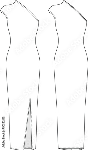 cap sleeve asymmetric neck slit body-con maxi long elastic dress template technical drawing flat sketch cad mockup fashion woman design style model 