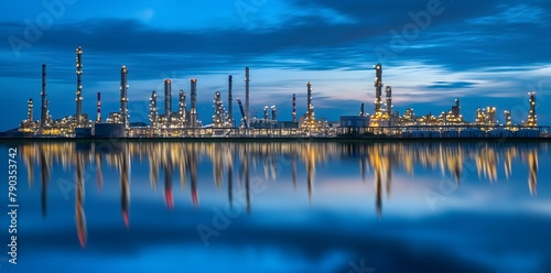 Industriegebiet mit auf dem Wasser reflektierten Nachtlichtern, das eine große Ölraffinerie und moderne Fabrikgebäude zeigt, Konzept Industrie