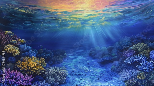 Coral reef twilight: The warm glow of sunset bathes a vibrant coral reef in golden light, casting long shadows across the ocean floor.