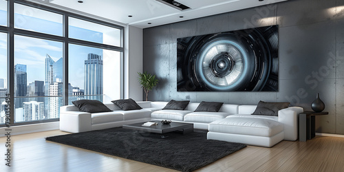 Moderner Wohnraum mit einer schönen großen Bildergalerie an der Wand, ai generativ